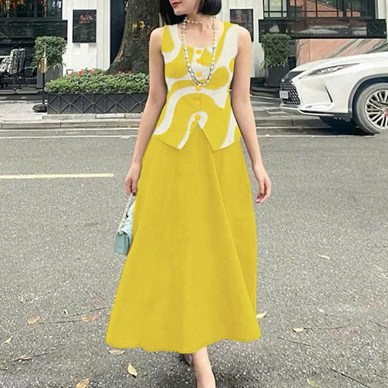 ZANZEA Women Print Tank Tops and Long Skirts Summer Two Piece Suit Sets