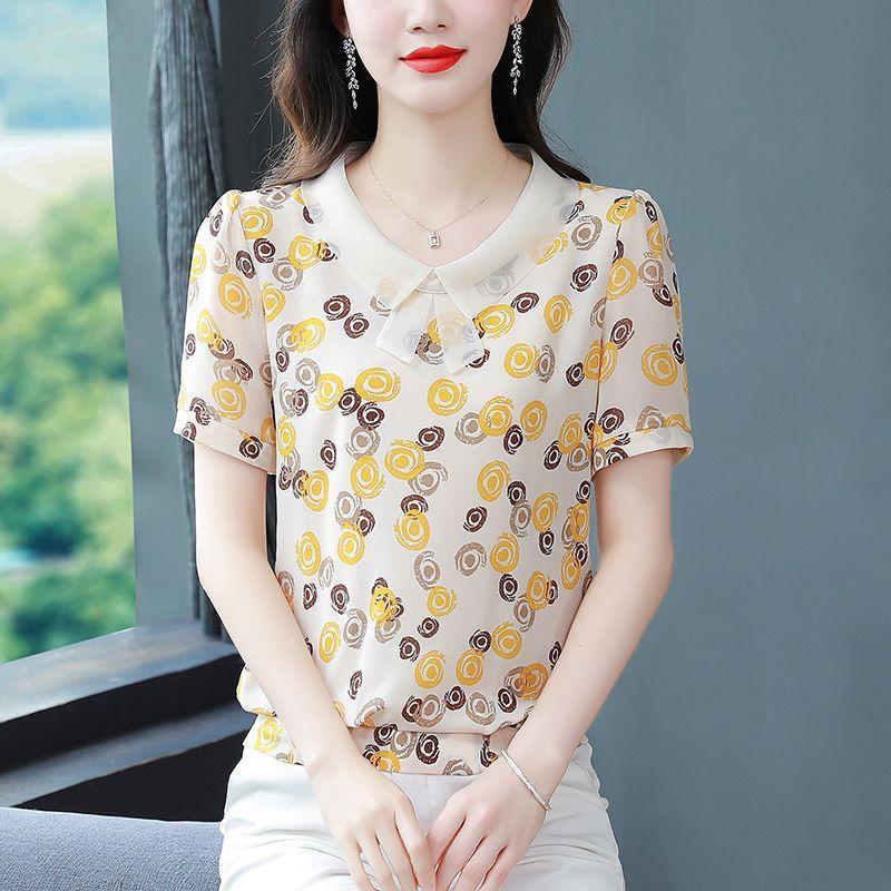 Summer New Chiffon Shirt Short Sleeve Doll Neck Patchwork Floral Top Women's Loose Fitting Mother's Bottoming Blouse M-5XL