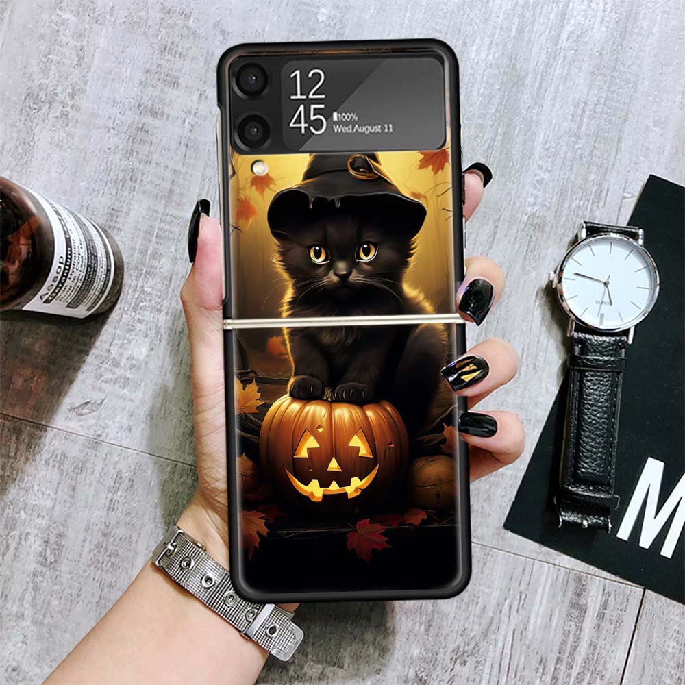 Black Kitten Halloween Pumpkin Cases For Samsung Galaxy Z Flip 4 5 6 7 3 Z Flip7 Flip6 Flip4 Flip5 Flip3 5G Hard Shockproof Fund