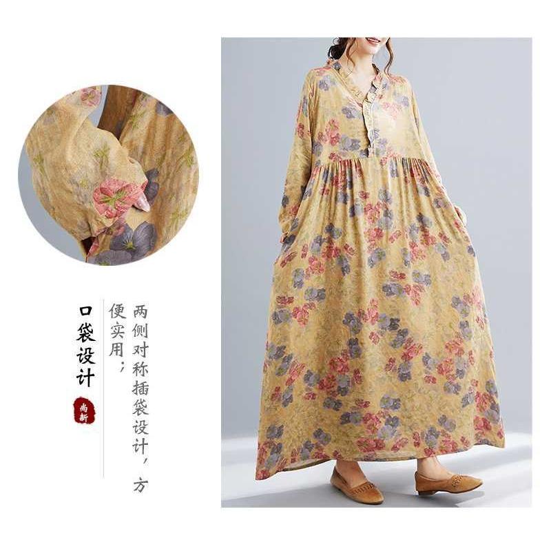 Season's New Vintage Print Loose Hem Long Dress