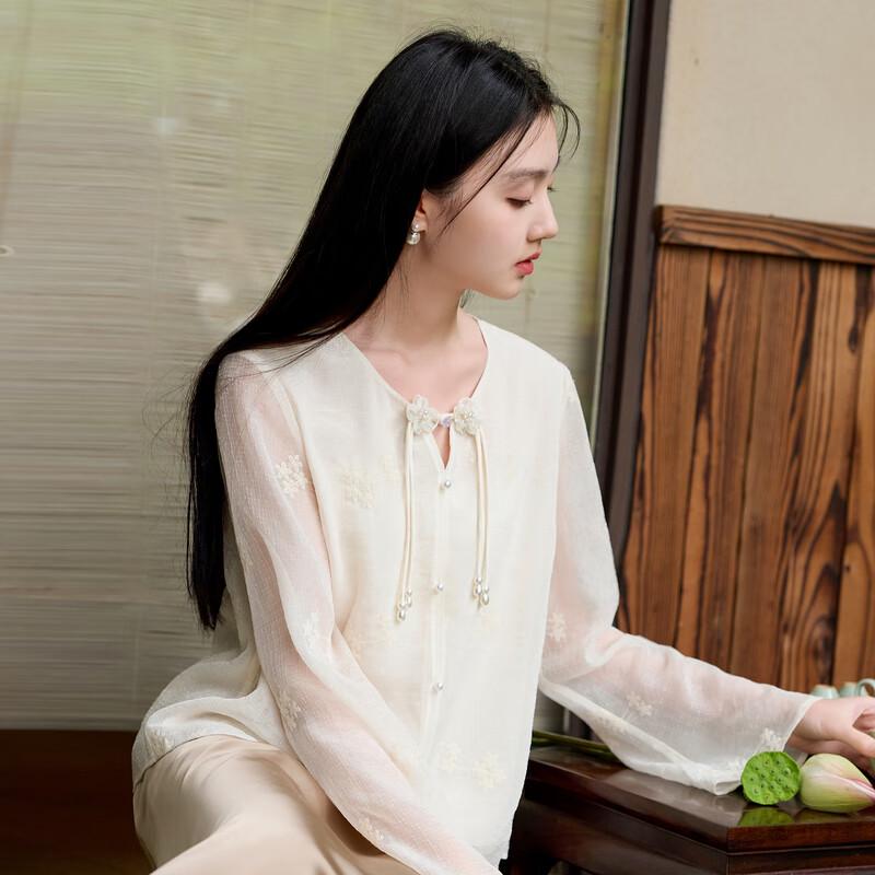 

Sancai Plus Size Chinese Style Embroidered Long-Sleeve Chiffon Blouse XL