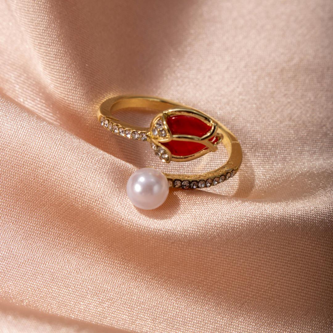 

Кольцо с жемчугом тюльпан: Шикарный дизайн для женщин, популярный в японских и корейских модных тенденциях красный