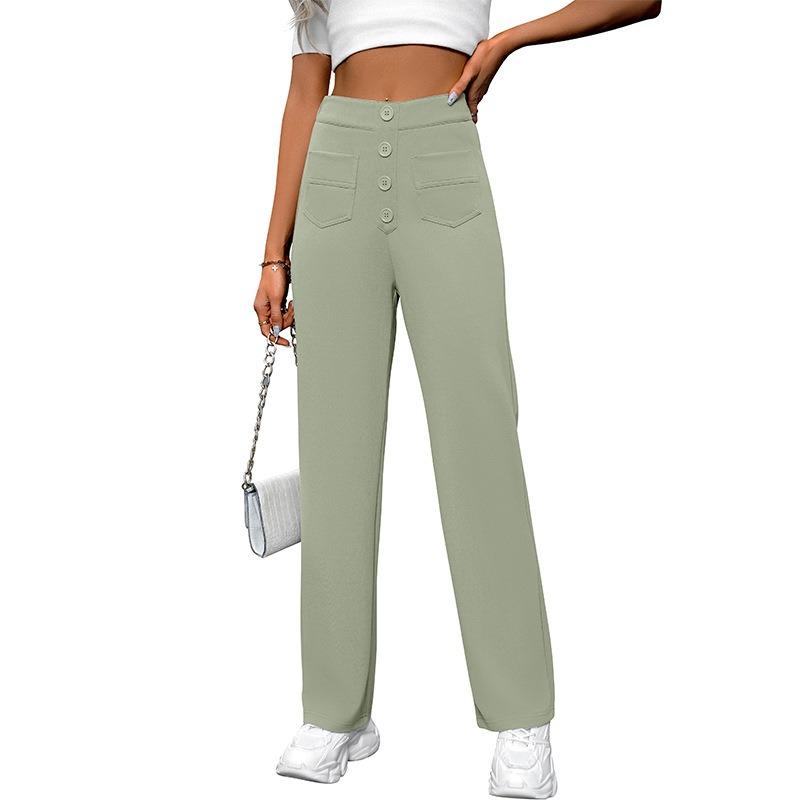 Women Casual High Waist Button Pocket Loose Straight Long Pants