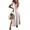 Women Summer Floral Dress Short Sleeve Beach Dress With Pockets Casual V-Neck Split Long T-Shirt Dress Travel Vacation