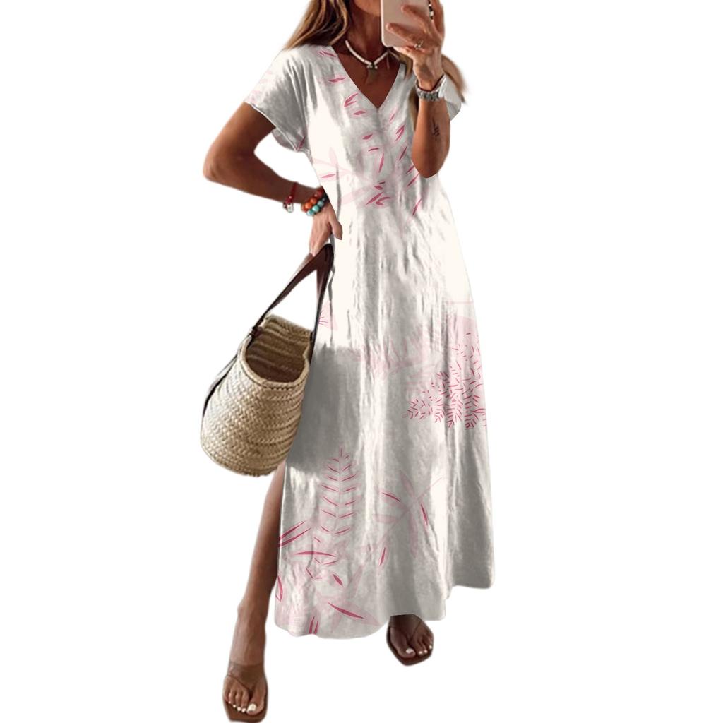 Women Summer Floral Dress Short Sleeve Beach Dress With Pockets Casual V-Neck Split Long T-Shirt Dress Travel Vacation