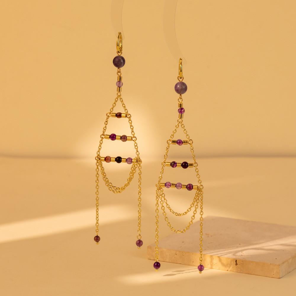 Elegant Geometric Gold Plated Purple Crystal Chain Dangle Earrings For Women