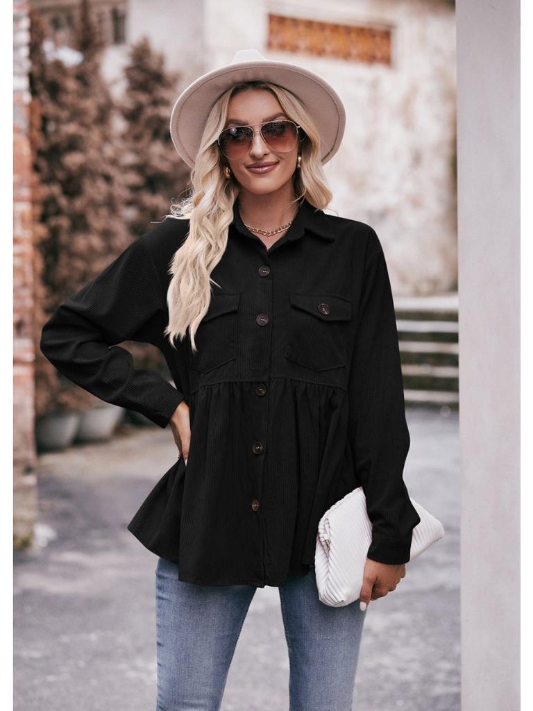 Women's 2024 Corduroy Shirt Long Sleeve Lapel Single-Breasted Thermal Blouse with Pockets, Autumn Winter Warm Stretchy Tunic Top for Casual & Office