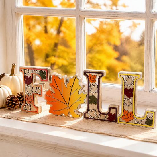 Autumn Home Interior Accents 4Pcs/Set Fall Wooden Tabletop Signs, Maple Leaf Letter Decorations for Farmhouse Harvest Table Centerpieces Tiered