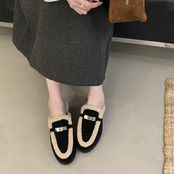 2024 Autumn/Winter Women's Fur-Lined Gold Lock Thick Heel Half Slippers