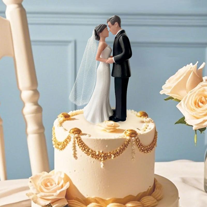 Elegant Bride & Groom Wedding Cake Topper With Veil 4.3" - Anniversary, Bridal Shower, Engagement Party Decoration,Wedding Props