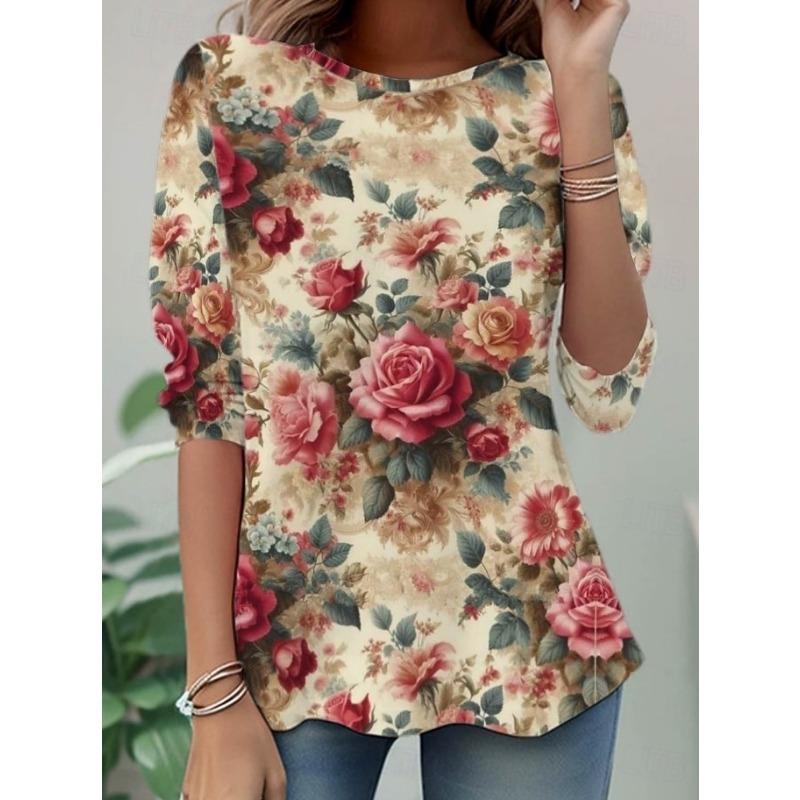 Damen T-Shirt Druck Floral Grafik Pflanzen Elegant Bohemia Vintage Langarm Rundhals Normale Oberteile