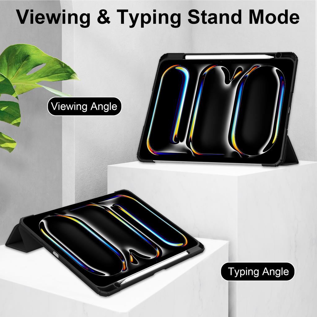 For iPad Pro 13 (2024) Case with Pen Slot PU Leather Clear Auto Wake Sleep Tablet Shell