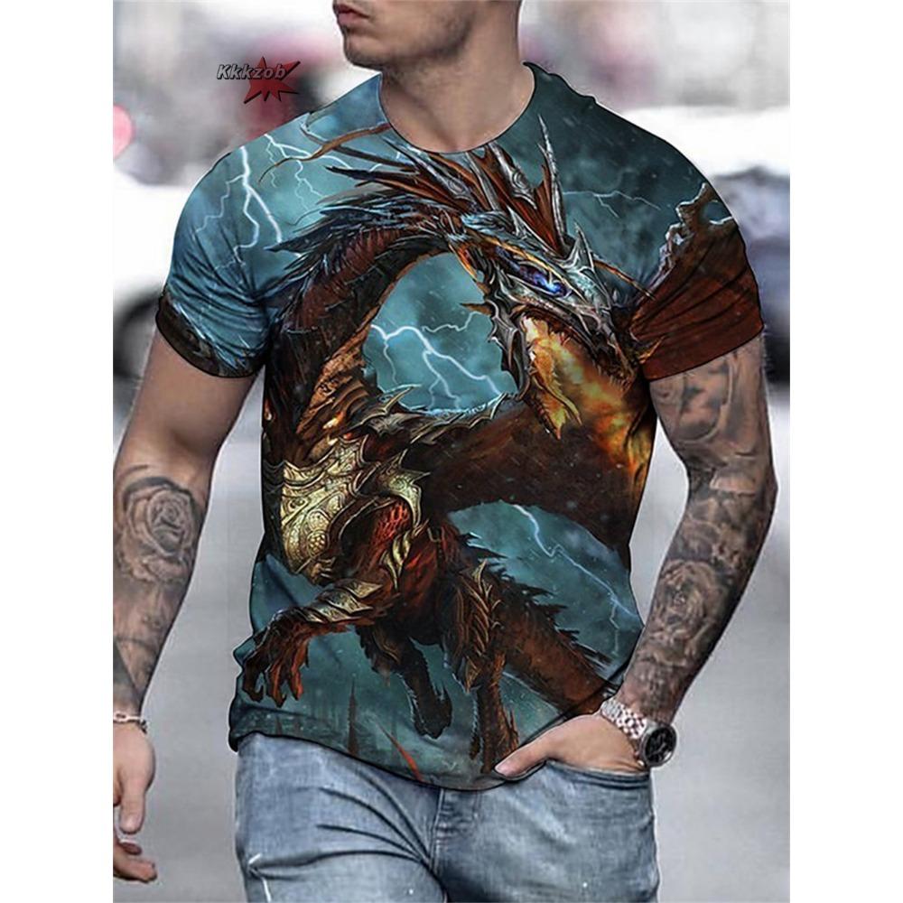 Summer Wolf Fire Dragon Printed Men's T-shirt Men's Printed Fashion Festival Round Neck Men's Short Sleeve Outdoor Street Casual T-shirt