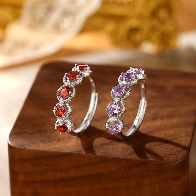 S925 Sterling Silver Ring Women's Natural Amethyst Garnet French Row Inlaid Treasure Ring Light Luxury Hand Jewelry