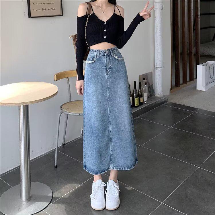 Women's 2025 Retro Frayed Slit Denim Midi Skirt - Korean Summer Style Trend