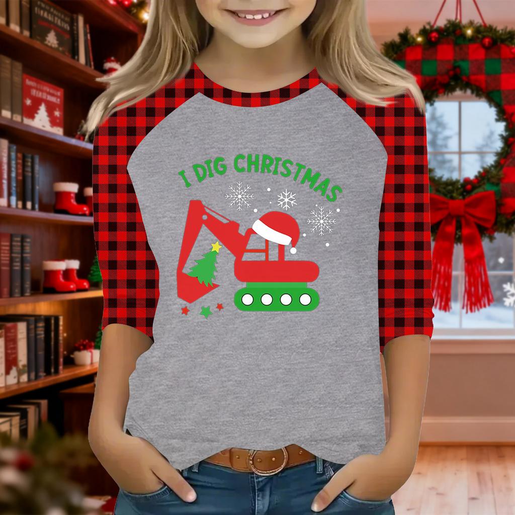 Tops For Youth Girls 4-16 Years Round Neck 3/4 Sleeves T-Shirts Trendy Tops Outfit Tees Christmas Day