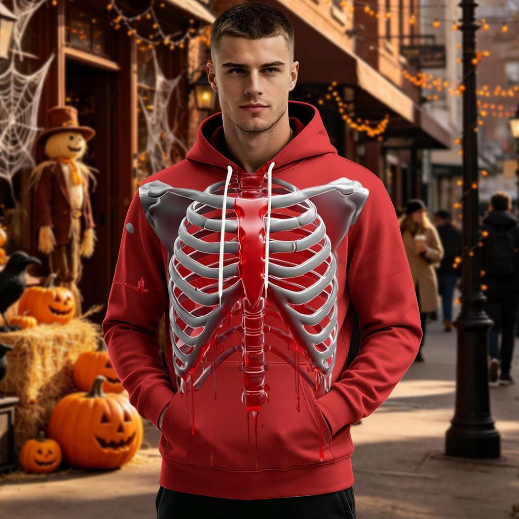 Men's Halloween Funny Skeleton Print Long Sleeve -Lined Pullover Hoodie with Pocket