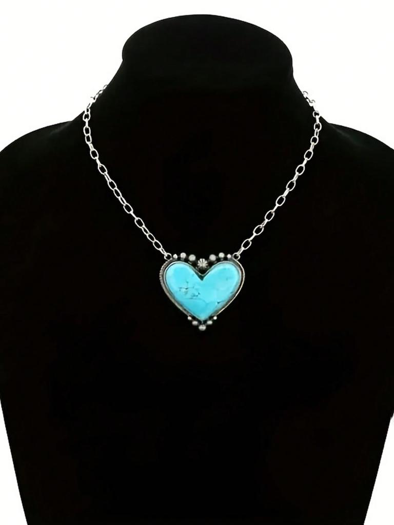 3tlg./Set Damen Böhmischer Vintage Stil Herz Türkis Anhänger Halskette Ohrringe Schmuckset Westernschmuck für Party Abschlussball Kleidung Geschenke