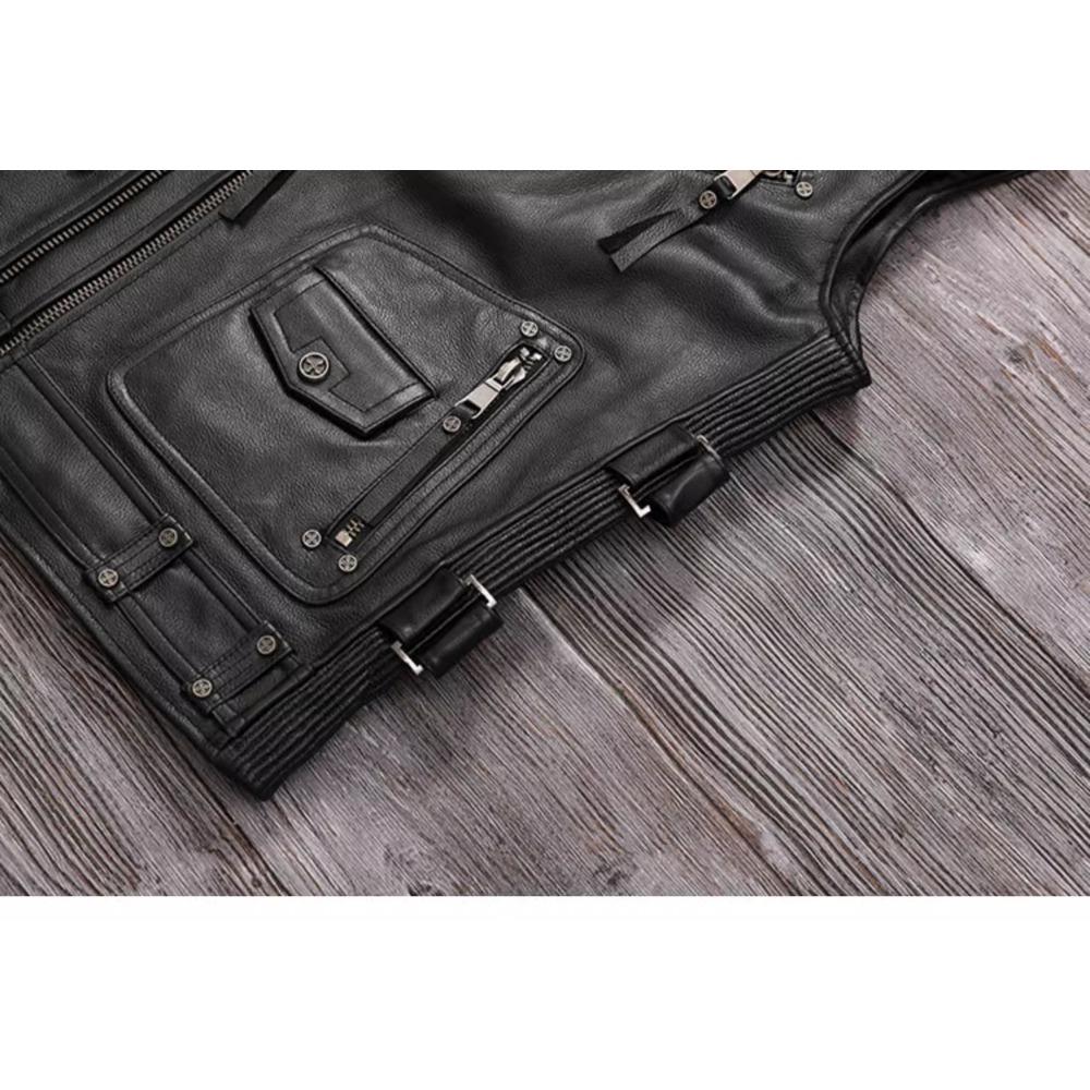 Chinese Size Biker Vest Top Layer Cowhide Leather Vest Men's Slim Short Motorcycle Clothing Riding Jacket Sleeveless Genuine Cow Club Vest