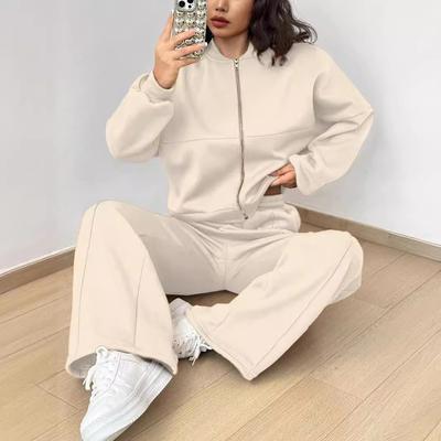 Women's Spring and Autumn Cardigan Casual Solid Colour Zipper Slim Two Piece Set