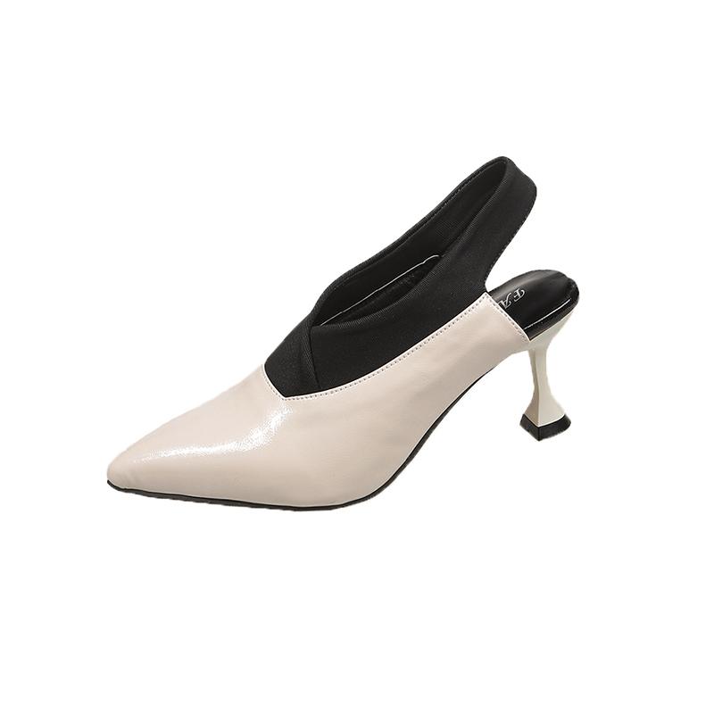 Fashion Beige Heeled Sandals Large Size Shoes Closed Toe 2025 Women's Shallow Mouth Black Big Stiletto Sexy Pointed New Elastic Band