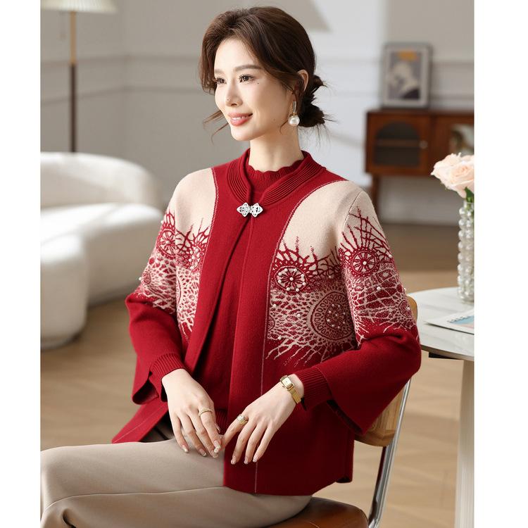 Middle-aged and Elderly Women's Sweater Set Mom Fashion Printing Two-piece Loose Knitted Sweater