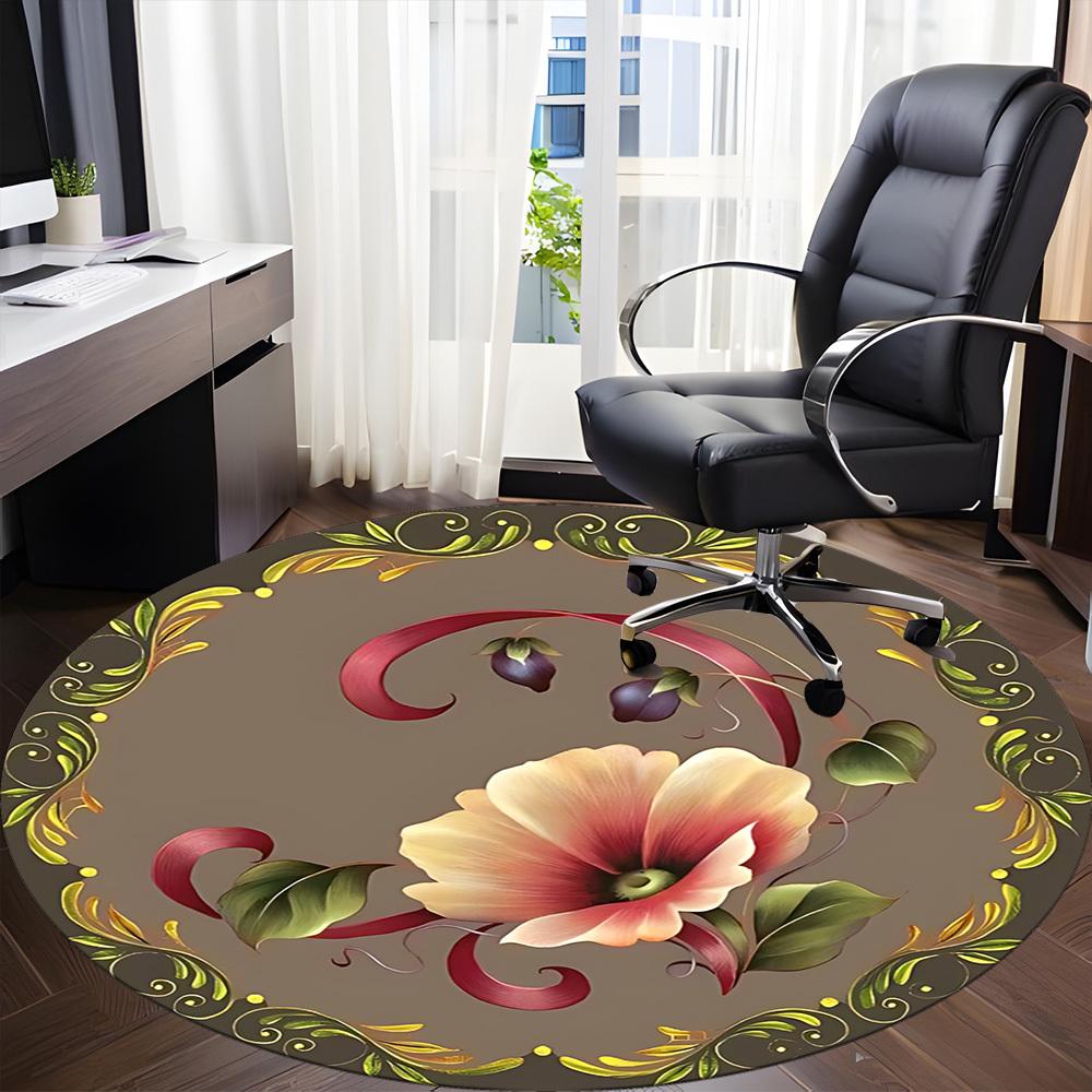 1pc Floral Ornament Office Round Rug, Carpet for Office, Gaming, Lightweight Round Floor Mat yy260205027