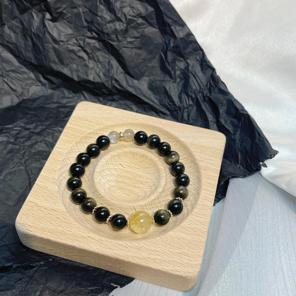 Original Partner-Stil Goldener Rutilquarz & Goldener Obsidian Kristall Perlenarmband - Einzigartiges Schmuckgeschenk