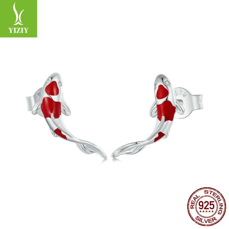 Czerwone kolczyki Koi ze srebra próby 925 dla kobiet, modne, proste, platynowane, temperamentne kolczyki sztyfty Sce812