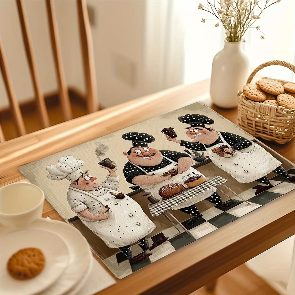 Set di 4 tovagliette divertenti a cartoni animati da chef, set da 4 tovagliette in lino per tavolo da cucina, decorazione per sala da pranzo