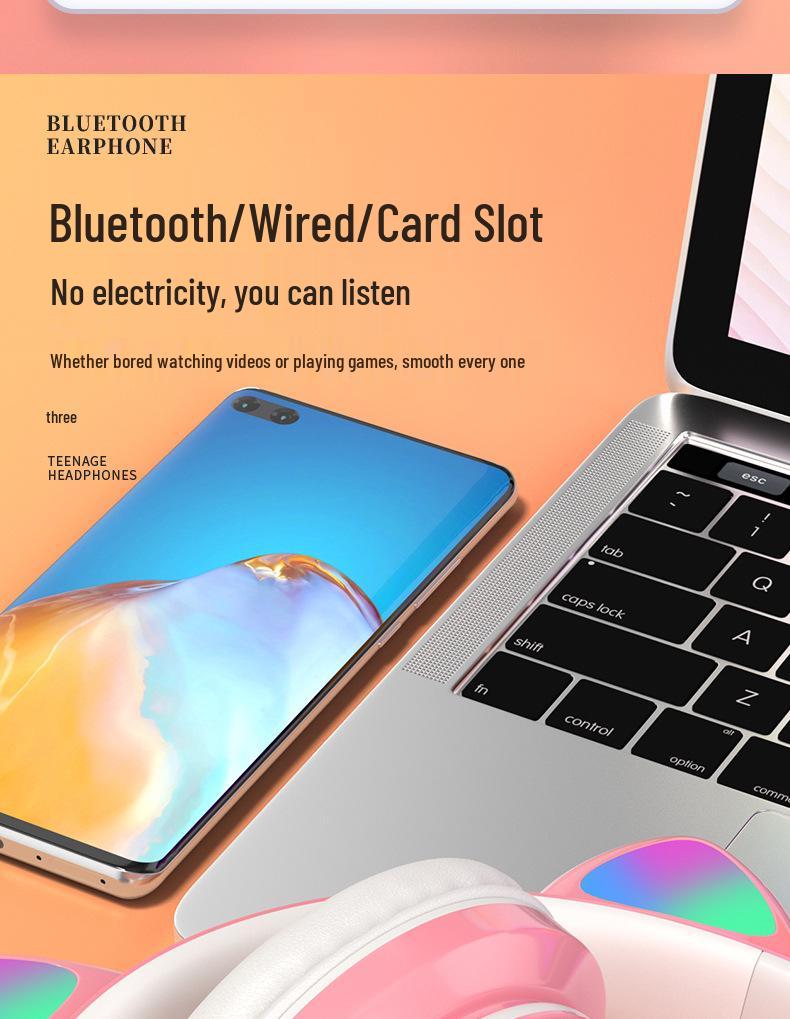 Cat Ear Luminous Bluetooth Headset B39: Foldable, Card Slot, Wireless Earbuds, Universal Compatibility