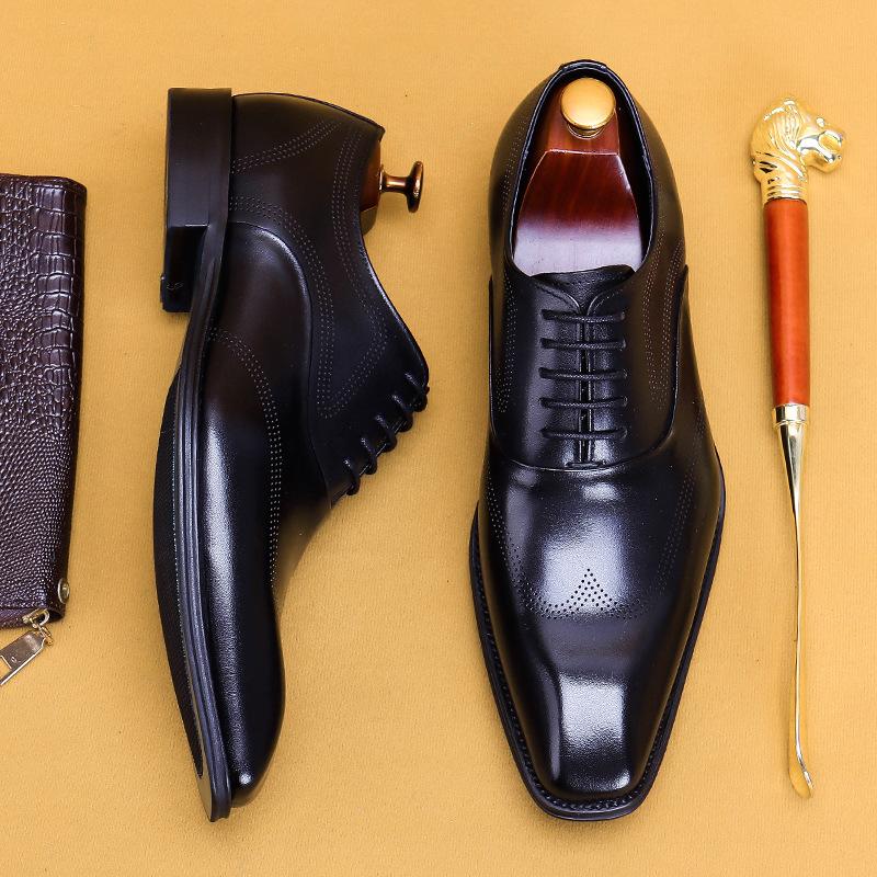 Douyin Hot List Square Head British Oxford Shoes Men'S Hand-Polished Brock Engraved Leather Shoes