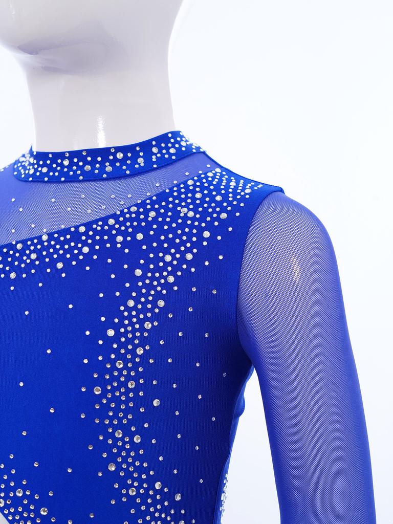 Mädchen Ganzkörper-Trikot Durchsichtiges Netz Patchwork Cutout Asymmetrisches Design Stehkragen Funkelnde Strasssteine Gymnastik Tanz Kostüm