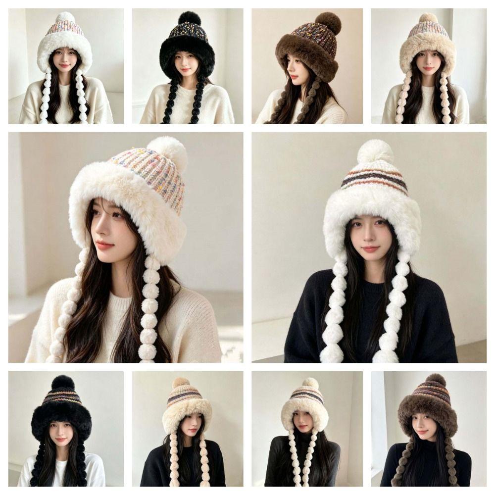 Fur Brim Pompom Braids Hat Striped Knit Earflap Winter Cap Fleece Knit Beanie Teens