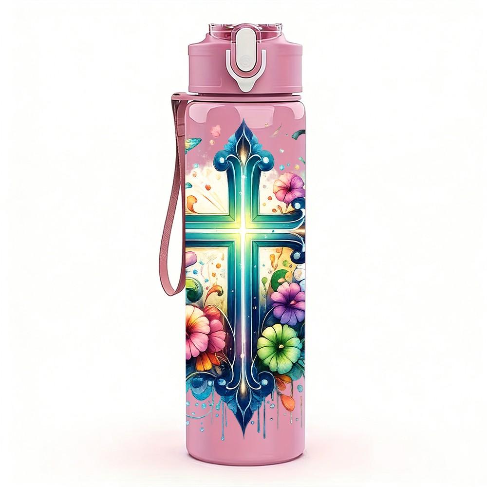 1PC Color Floral Christian Cross Print 750ml Color Plastic Sports Water Bottle Leakproof Flip Straw Lid Suitable for Sports Office Home Use