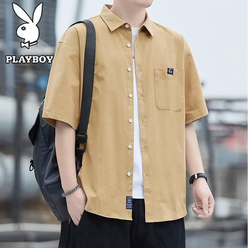 PLAYBOY Men s Pure Cotton Wrinkle-Free Short Sleeve Casual Shirt XL