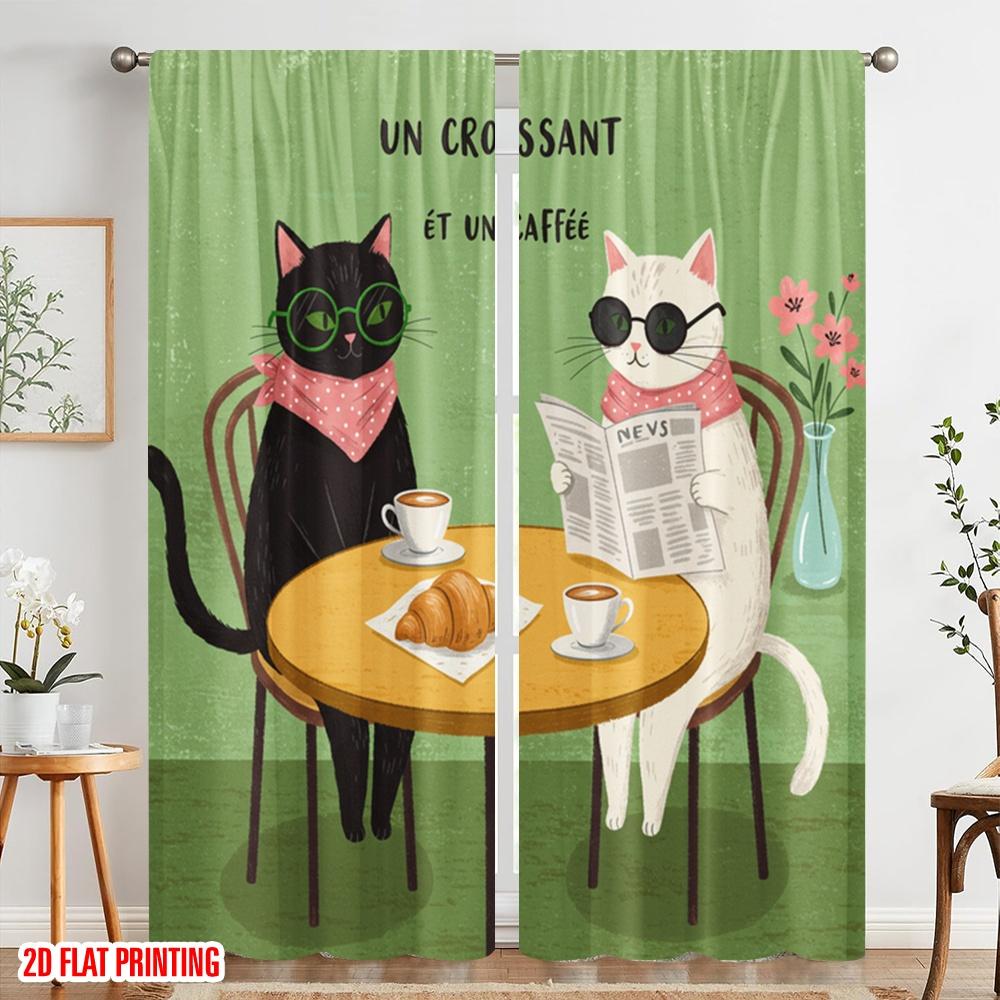 2pcs 2D flat printing Window Curtains Cute Cats Croissant Cafe Fabric Without Electricity Festive Curtains Perfect for General
