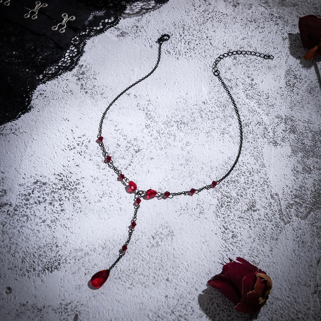 Gothic Red Black Necklace for Women,Goth Choker Vampire Blood Drop Necklace,Punk Black Red Crystal Bead Dark Teardrop Y Necklaces Halloween Jewelry