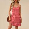 Fashion Women Summer Dress Striped Plaid Print Adjustable Spaghetti Straps Beach Vacation Casual Dress With Pockets