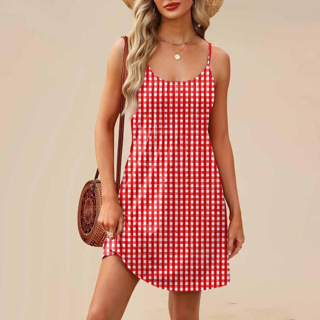 Fashion Women Summer Dress Striped Plaid Print Adjustable Spaghetti Straps Beach Vacation Casual Dress With Pockets