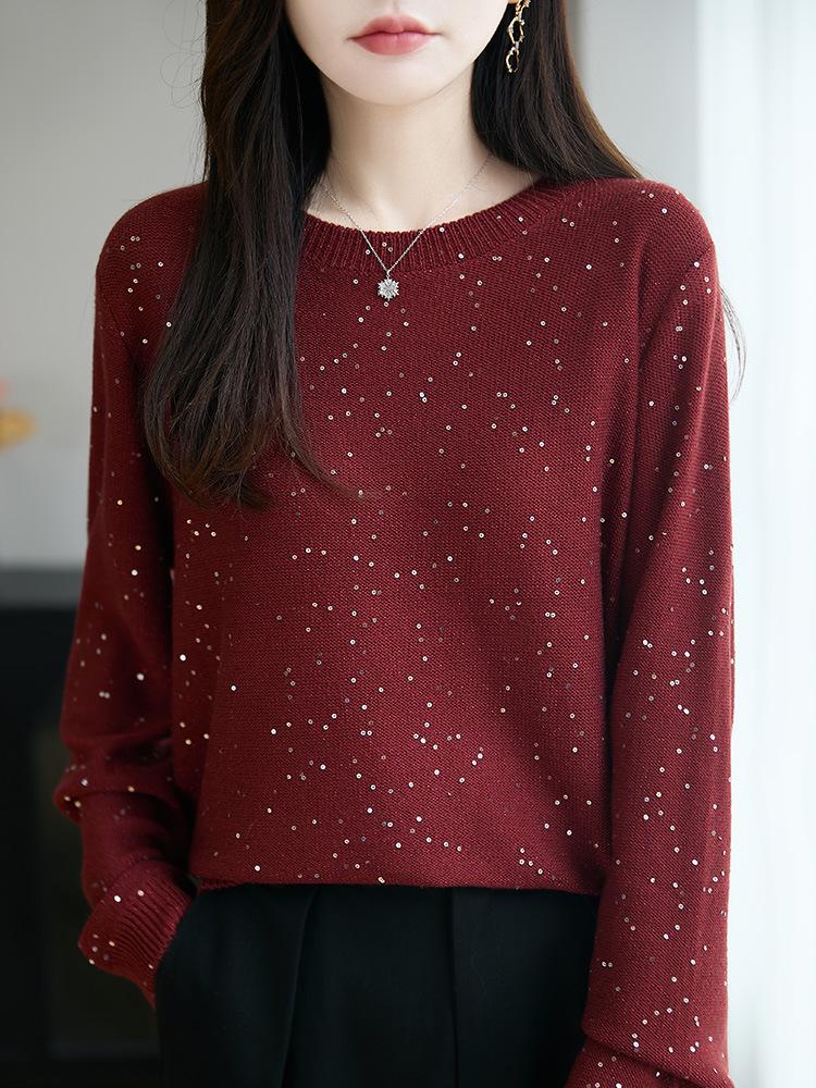 European Style Sequin Knitwear: Women's Spring/Autumn Casual Loose Pullover Sweater, Versatile Round Neck Base Layer