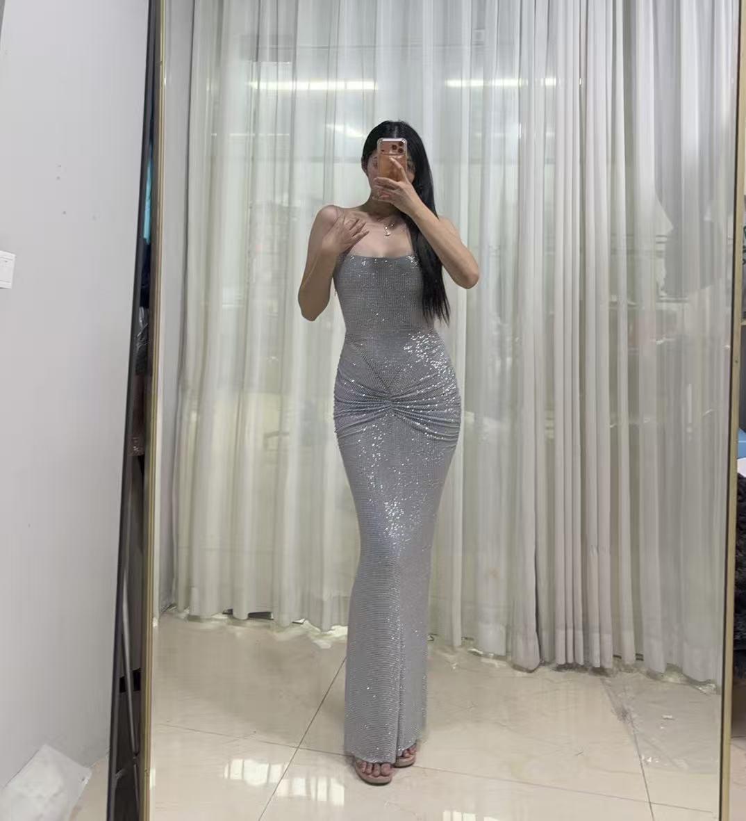 

Silver Strappy Bodycon Evening Gown - Long Birthday Banquet Dress Large светло-серый