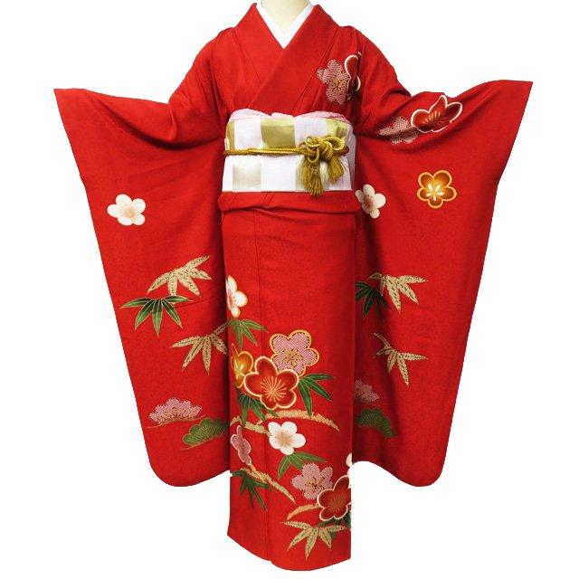 

[Used] Furisode Kimono Recycled Pure Silk Formal Gold Koma Embroidery Pine, Chiku, and Plum Pattern Scarlet Multicolor Gold Length 159cm Sleeve 67cm