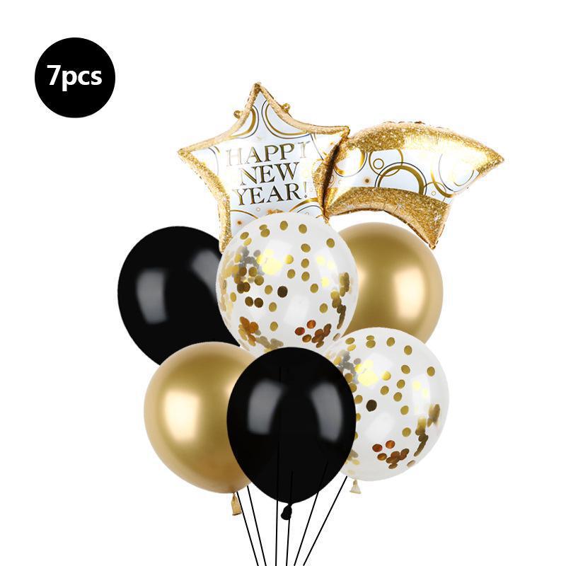 7-Piece Black Gold Sequins Happy New Year Happy New Year Theme Latex Aluminum Film Lift-Off Balloon Combination