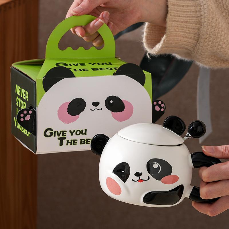 

Творческая и милая керамическая чашка в виде панды для дома, офиса, пары, стакан для воды с подарками, высокая ценность Cup + lid + spoon [400ml]
