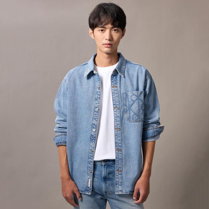 Calvin Klein Vintage Logo Patch Pocket Cotton Denim Shirt Men shirts 4RD747G