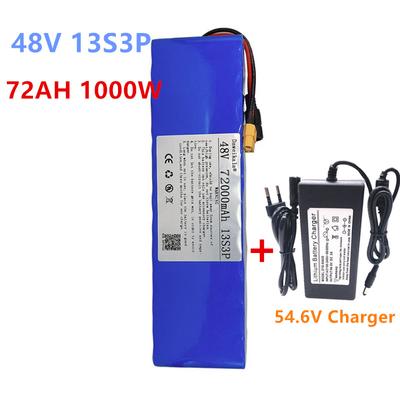 Batería de iones de litio de 48V, 100Ah, 1000w, 13S3P XT60, 48V, 100000mah para bicicleta eléctrica de 54,6 v, Scooter con BMS + cargador
