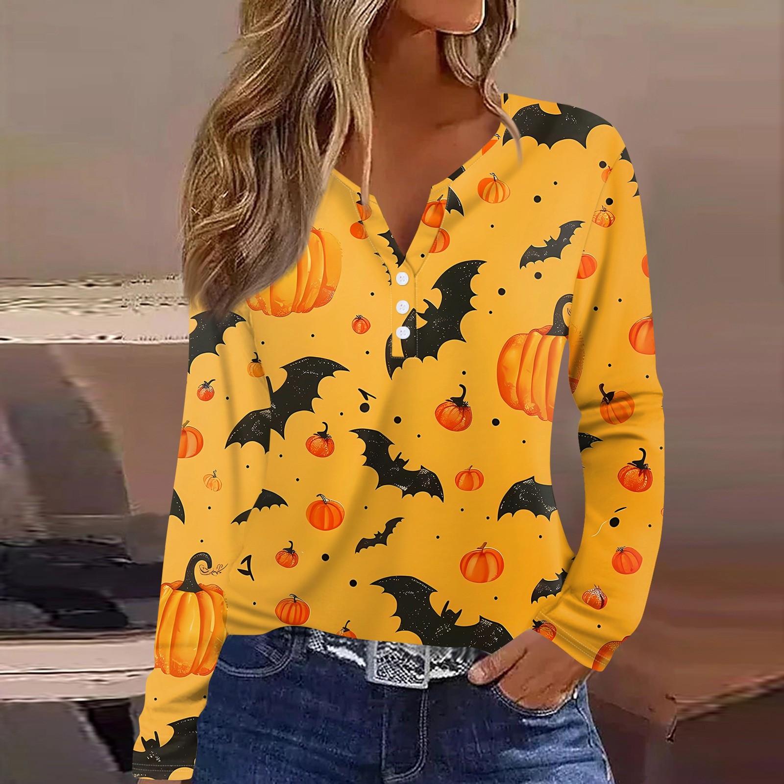 Жен. Футболка Футболка Хэллоуин С принтом Пуговицы Длинный рукав Повседневные Выходные — фото 5