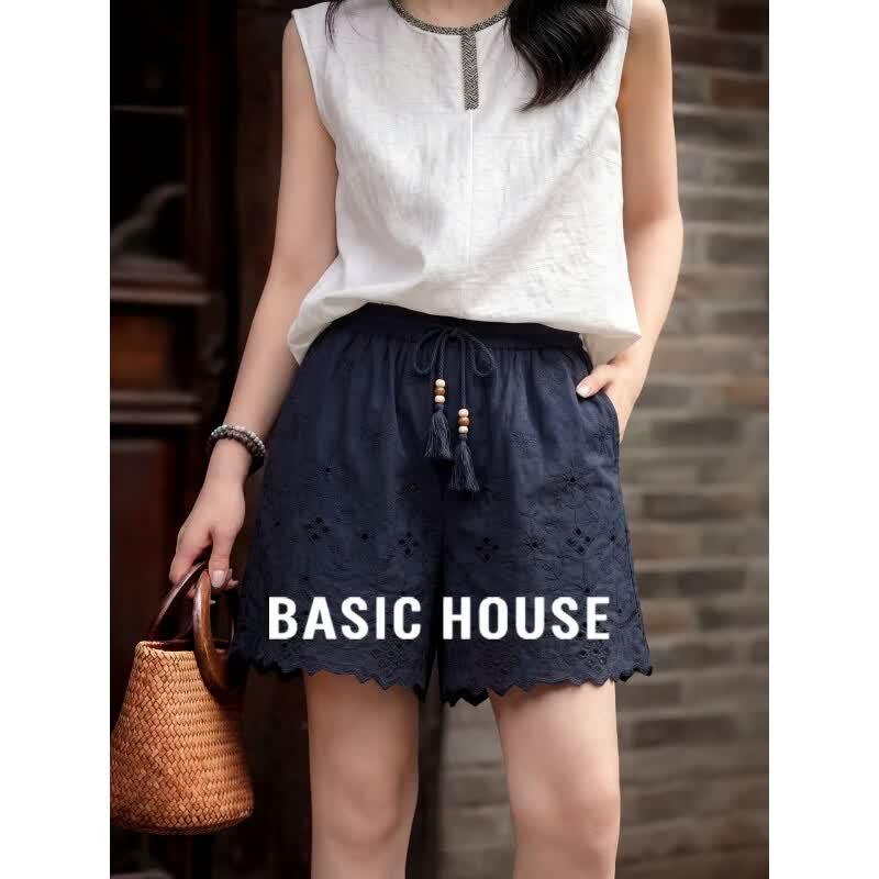 Basic House Women s Embroidered Hollow-Out Wide-Leg Shorts M темно-синий