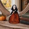 Layered Fabric Witch Figure Halloween Kitchen Doll, Small Statue with Broom, Handmade Ornament Tabletop Party Decoration for Table Fireplace